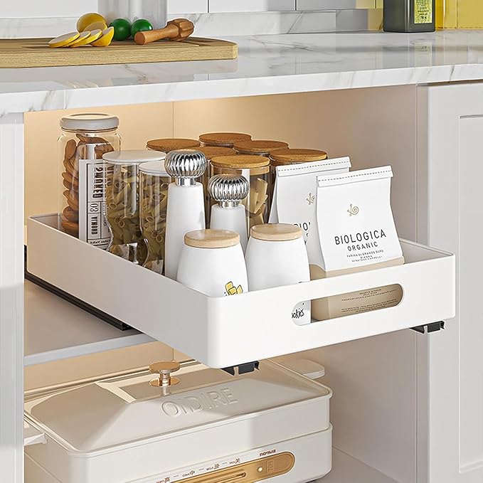 2 Pack Pull Out Cabinet Organizer, Adhesive Slide Out Drawer for Cabinets, Peel and Stick Pull Out Drawer Shelves, Multifunctional Drawer Organizers for Kitchen,Bathroom, Bedroom (White)