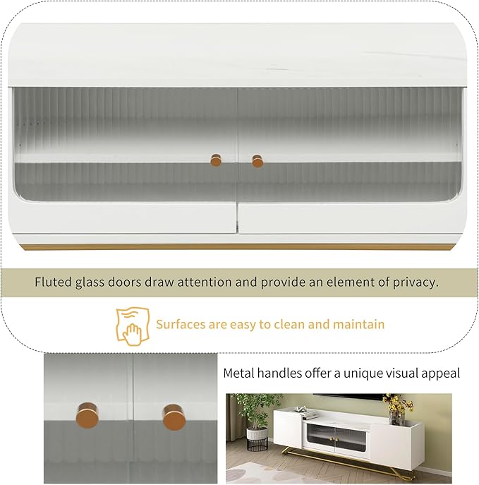 Modern Entertainment Center for TVs Up to 65”, Sleek Design TV Stand with Fluted Glass Doors and Gold Frame Base, Faux Marble Top TV Console Table for Bedroom,Living Room, 63.07 inch Length, White