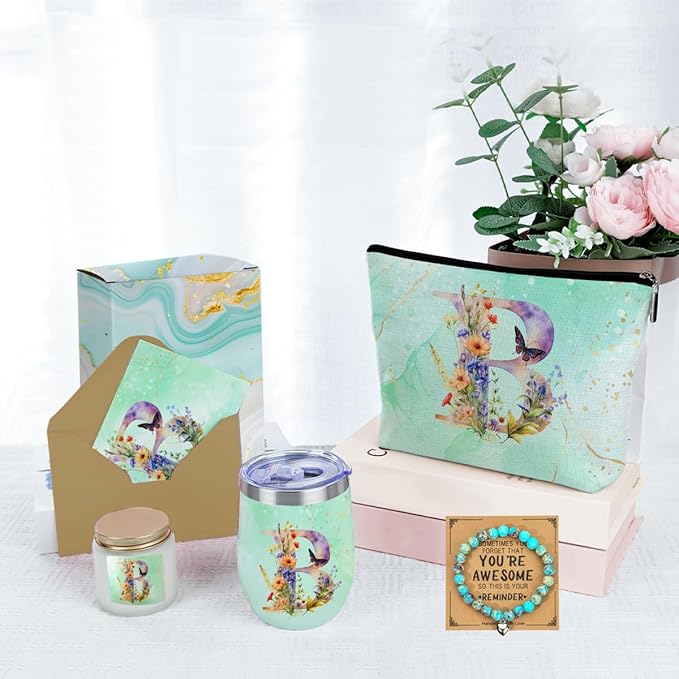 Personalized Gifts Monogrammed Birthday Gifts for Women, Sister Cowerker Mom Boss Day Christmas Appreciation Initial Wine Tumbler Makeup Bag Scented Candle Bracelet Set, (Aesthetic Green Flower B)