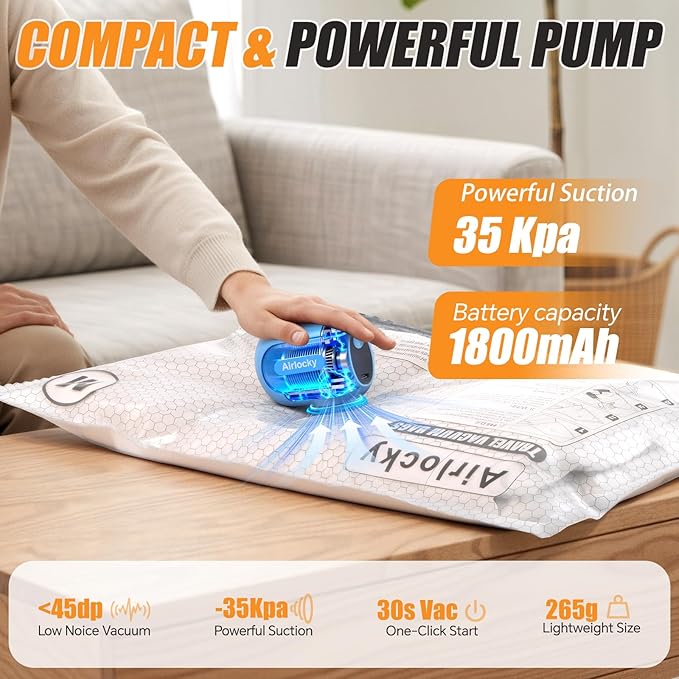 Travel Vacuum Storage Bags with Pump, 20 Pack Carry-on Compression Packing Bags + Portable Electric Pump, 80% Space Saver of Clothes, Vacuum Seal Bags for Clothing Travel Luggage
