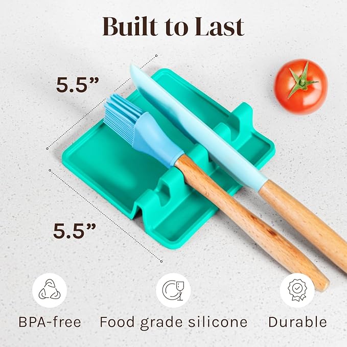 Cooler Kitchen Aqua Green Silicone Spoon Rest for Stove Top with Drip Pad (Two Pack) - Heat-Resistant, BPA-Free Utensil Rest & Spoon Holder for Kitchen Counter - Grill Utensil Holder for Spatulas