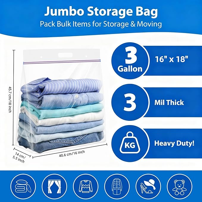 Zipper Storage Bags with Handle and Bottom, Pack of 6, 3 Gallon Heavy Duty Clear Handy Plastic Bag, 16"x18" Reusable Large Zip Storage Bag for Sports, Travel, Moving and Clothes, 3-Mil Thick
