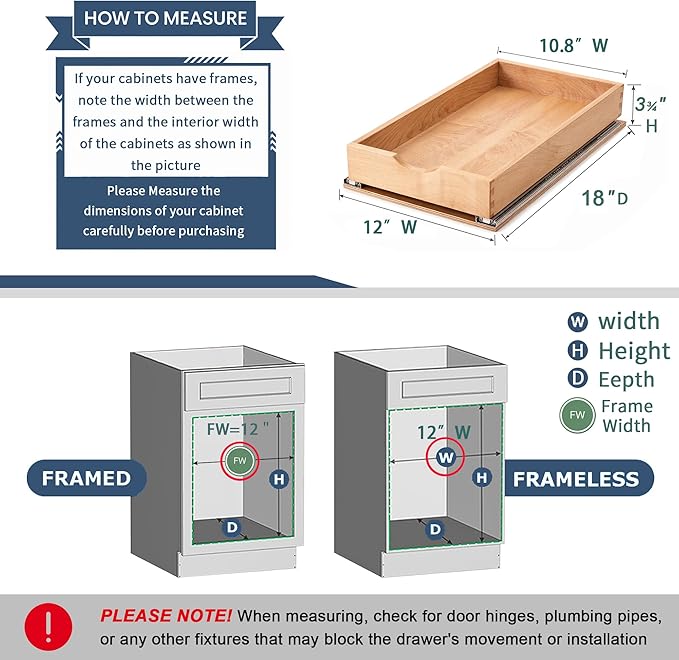 Pull Out Cabinet Drawers - 6x2 Size Options (12-23'W,18-21'D), Pre-Assembled with Soft Close Slides, Solid Beechwood, Easy Installation(12'W x 18'D)