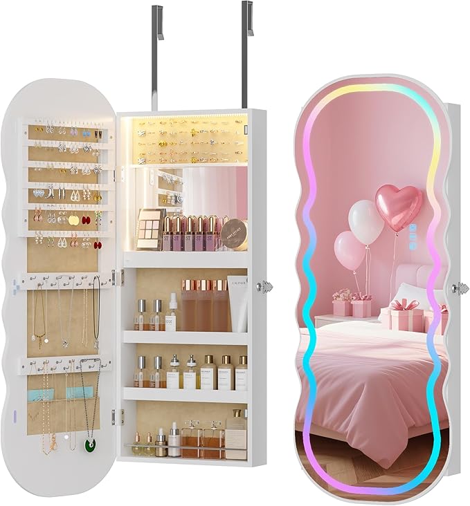 Lvifur RGB Lighted Mirror Jewelry Cabinet,LED Wavy Wide Mirror with Storage, Wall or Door Mounted Jewelry Organizer with Interior Mirror,Lockable Jewelry armoire,Gift Ideal
