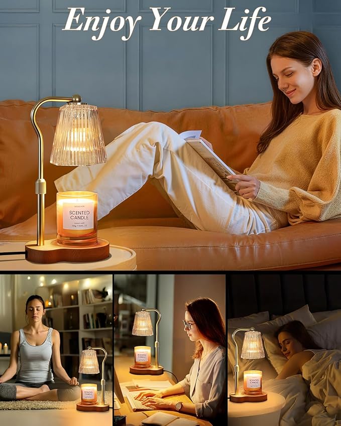 Candle Warmer Lamp, Wax Melt Warmer with 2 Bulbs for Scented Jar Candles, with Timer Dimmer Adjustable Height, Home Decor Gift for Girl Friend Mom Sister Women, No Flame No Smoke Warming Light, Amber