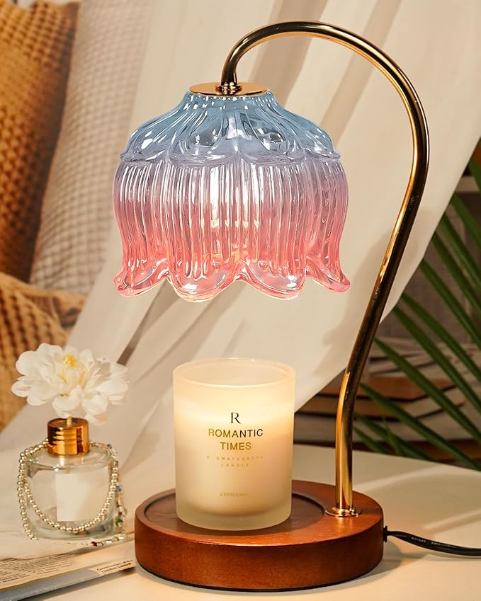 Funistree Dimmable Candle Warmer Lamp with Timer, Electric Candle Warmer Lamp, Women Birthday Gifts, Flower Candle Lamp Warmer for Family, Pink Blue Fragrance Candle Lamp for Modern Office Desk Decor