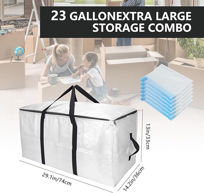 Extra Large Storage Bags Set Heavy Duty Moving Totes with Handles, Waterproof Dual-Way Carrying Design & Vacuum Space Bag,College Dorm,Christmas Decorations(4 Moving bag & 10 Vacuum Seal Bags)