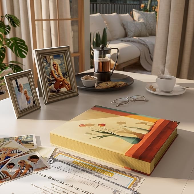 ABC life Document Organizer, Expanding File for Important Papers, Passports, Birth Certificates, Passports, Photos and Letters, Spine-Free Design with Elastic Closure - Oil-Painted Vase