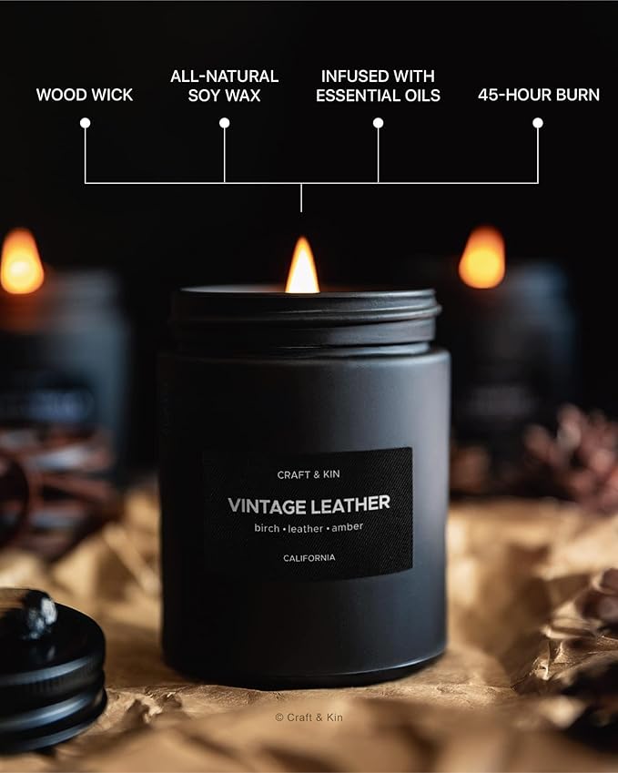 Craft & Kin Premium Vintage Leather Candle | Black Scented Candles for Men | Long Lasting with 45 Hour Burn Time, 7.6oz | Soy Candles | Aromatherapy at Home | Gifts for Men