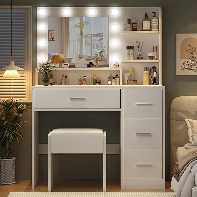 OTOQS Makeup Vanity Desk with Mirror and Light,Dressing Table Set with 3 Color Modes LED Lights,Large and Three Level Storage Dresser, for Bedroom Dressing Room,White