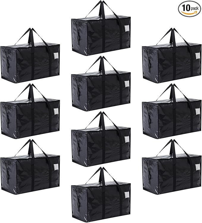 Moving Bags Heavy Duty Extra Large, Moving Boxes, Moving Supplies Essentials, Blue Storage Bins with Lids, Plastic Packing Totes, Storage Bags for Clothes with Handles & Zippers(Black, 10 Pack)