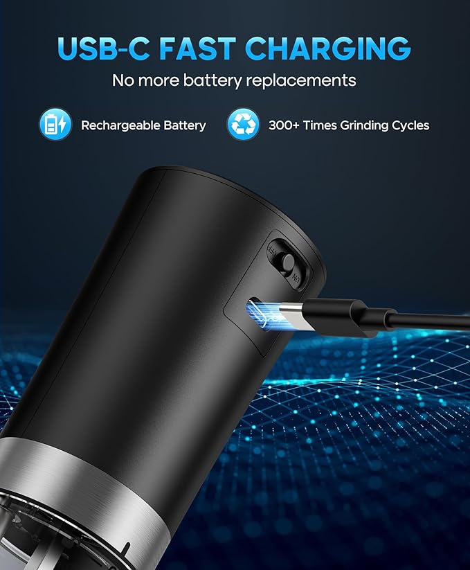 Gravity Electric Salt and Pepper Grinder Set, USB-C Rechargeable Salt and Pepper Mill with 100ml Larger Capacity, White Light, One Hand Automatic Operation, Black, 2Pack