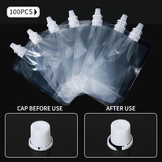 100 Pcs Plastic Pouches Bulk Clear Juice Bags Squeeze Pouches Plastic Leak Proof Bags with Funnel for Party Favors (16 oz)