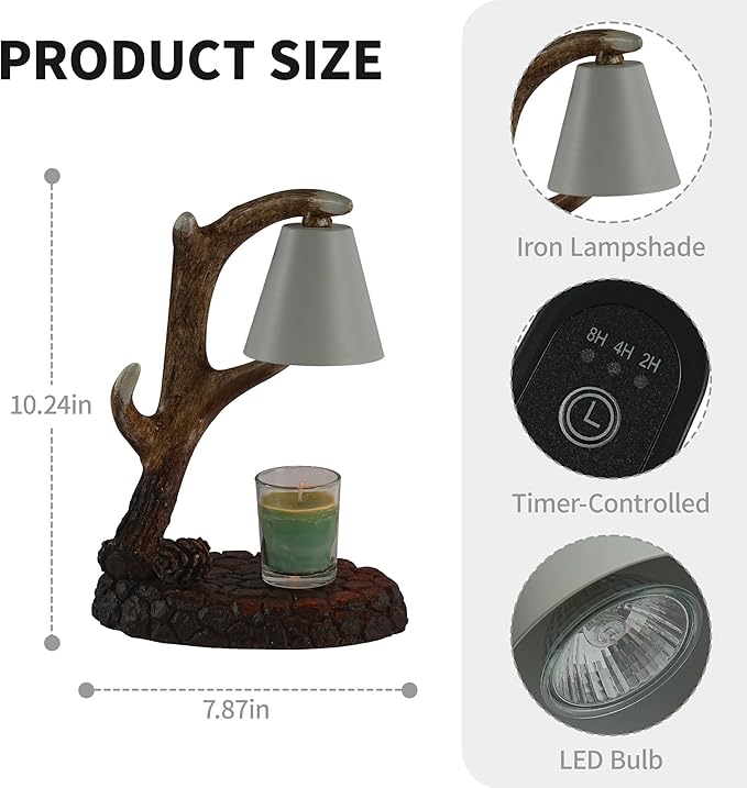 Deer Antler Wax Warmer Lamp - 10.25in Resin Flameless Candle Melter, Black Brown, Safe Home Decor with 4.5in Height for Scented Wax Bullet Points