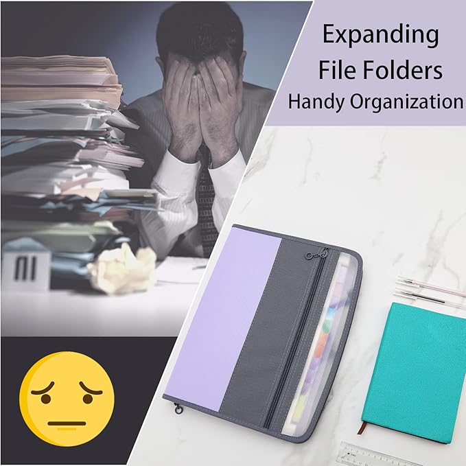 NAFY Accordion File Organizer, 13 Pockets Expanding File Folder with Zipper, A4 Letter Size Portable Accordion Expanding File Folders with 27pcs Colour Labels for Home Office School Supplies (Lilac)