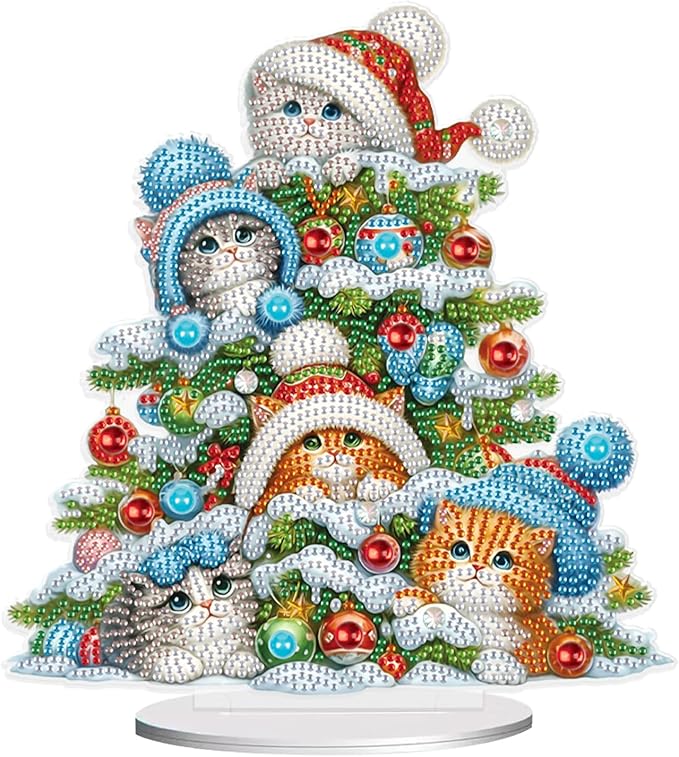 5D Diamond Art Painting Ornament Kits Christmas Tree Cats, DIY Diamond Art Painting Desktop Ornament, Special Shaped Crystal Rhinestone Diamond Art Table Top Home Office Christmas Decor (23.2x24.7cm)