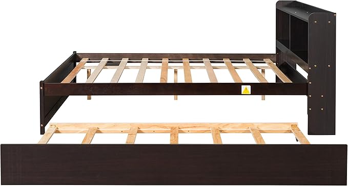 Harper & Bright Designs Full Size Bed Frame with Bookcase Headboard, Wooden Full Size Platform Bed with Trundle and Storage for Kids Girls Boys, No Box Spring Needed, Easy Assembly, Espresso