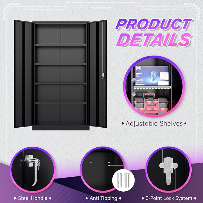 Superday Metal Storage Cabinets, 72" Storage Cabinet with Locking Door, Tall Garage Cabinet with 2 Doors and 4 Adjustable Shelves for Home Office, Classroom, Easy Assemble(Black)