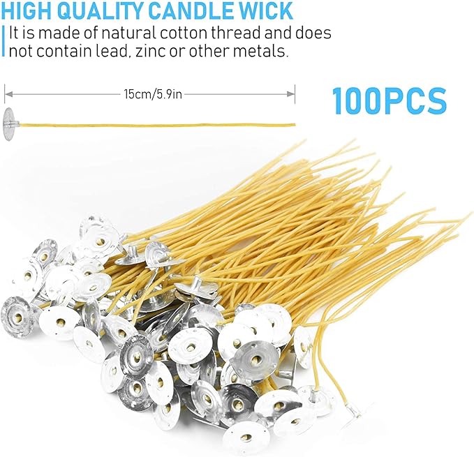 6In Hemp Wick,100 Piece Hemp Candle Wicks in 3mm,Pre-Waxed by Natural Beeswax & Tabbed,Thick Candle Wick for Candle Making