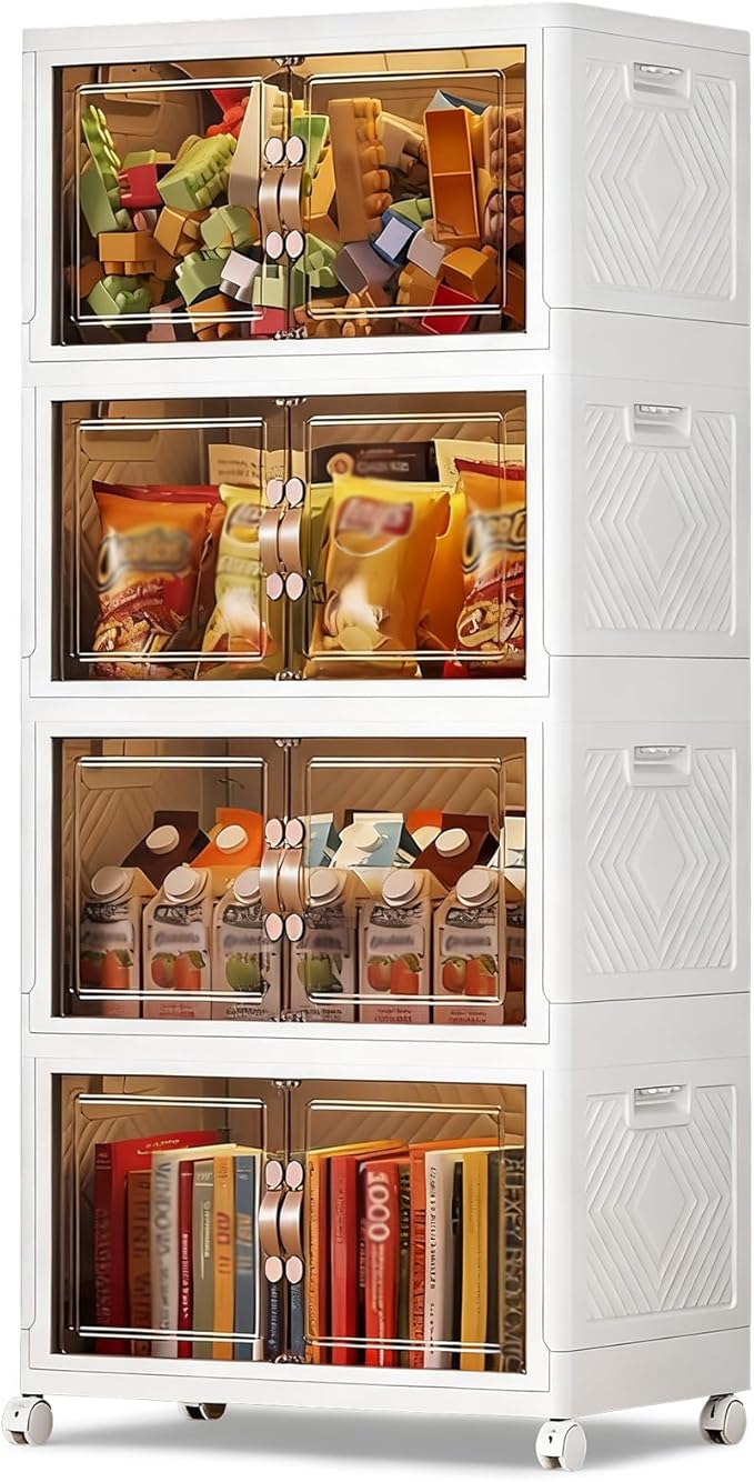 Collapsible Storage Bins with Lids&Wheels-252QT(63Gal) Stackable Plastic Containers with Doors,Heavy-Duty Foldable Organizer Bins for Home,Office,Books,White,4-Pack