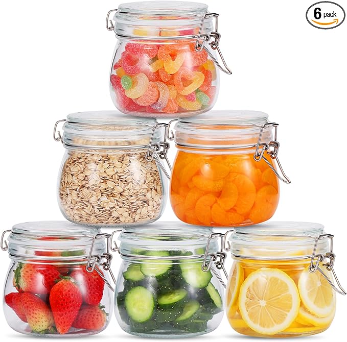Hovico 17 oz Glass Jars with Airtight Lids And Leak Proof Rubber Gasket, Wide Mouth Mason Jars with Hinged Lids for Kitchen Canning Cereal,Pasta,Sugar,Beans,Spice, Glass Storage Containers, Set of 6