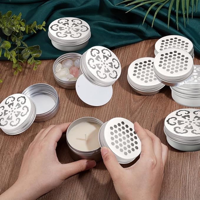 PH PandaHall 12pcs Aluminium Tins 3 Style Round Metal Container 2 Ounce Empty Metal Tins with Hollow Lids Refillable Spice Containers for Aromatherapy Air Freshener Candles Travel Storage 2.75x1 inch