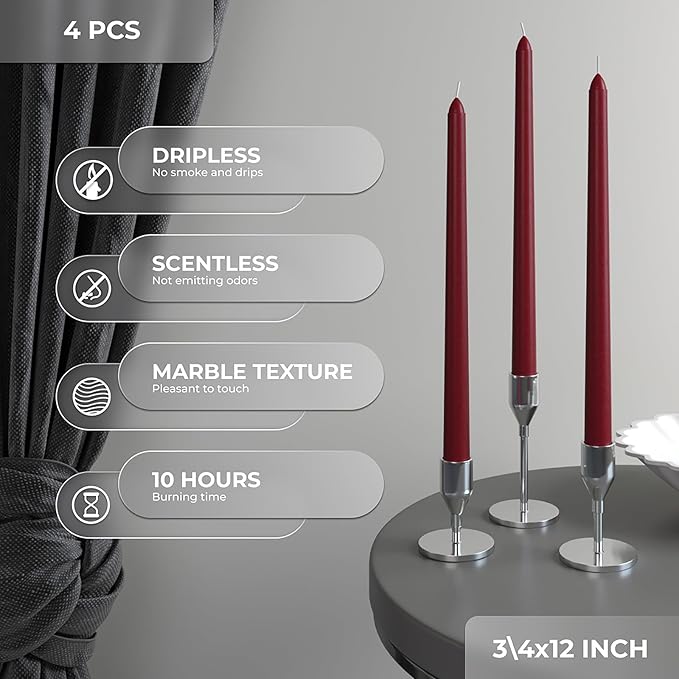 CANDWAX 12 inch Burgundy Taper Candle Pack of 4 - Unscented Smokeless Dripless Candlesticks - Candle Sticks for Party Décor, Christmas Home Decor, Dinner Table Centerpieces - Christmas Taper Candles