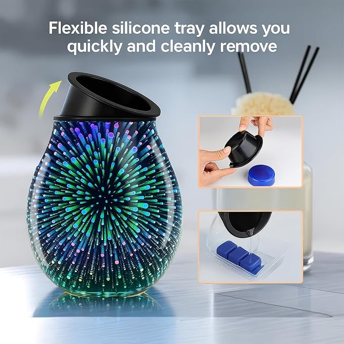 Leyoue 3D Glass Fireworks Electric Wax Melt Warmer with PTC Heating Plate Reusable Silicone Tray 7 Colors LED Changing Light Wax Burner Melter Fragrance Warmer for Home (3D)