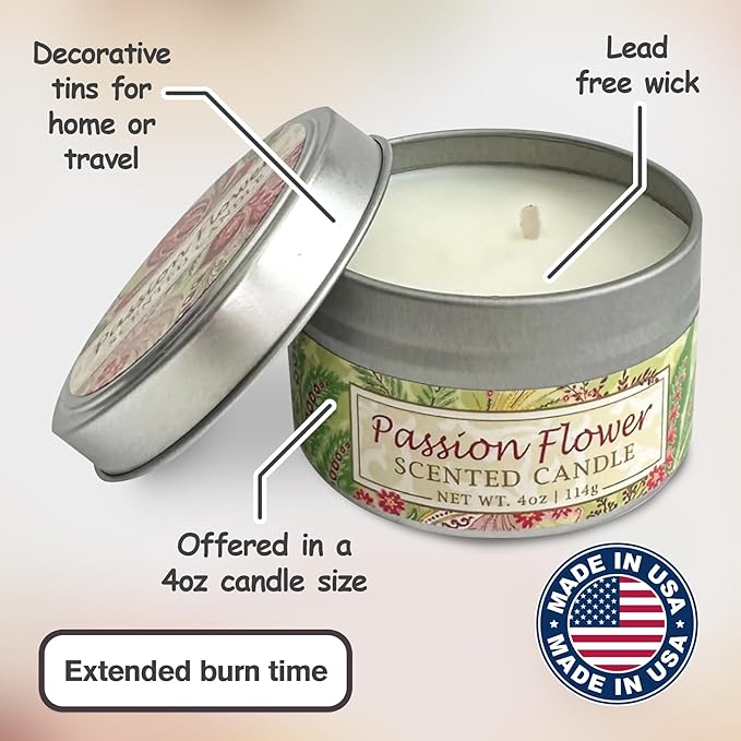 Greenwich Bay Hand-Poured Scented Candle in Decorative Tin – 4 oz/114 g Travel Candle with Lead-Free Wick, Vegetable Wax, Long-Burning Aromatherapy Gift, Single Wick – Made in USA (Passion Flower)