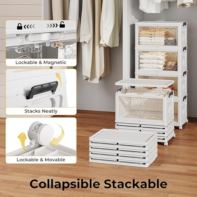 OlarHike 23QT Stackable Lockable Storage Bins with Lid - Removale Storage Box with Doors and Wheels, Plastic Containers for Closets and Organization, Living Room, Office, Bathroom, 4 Pack Cubes