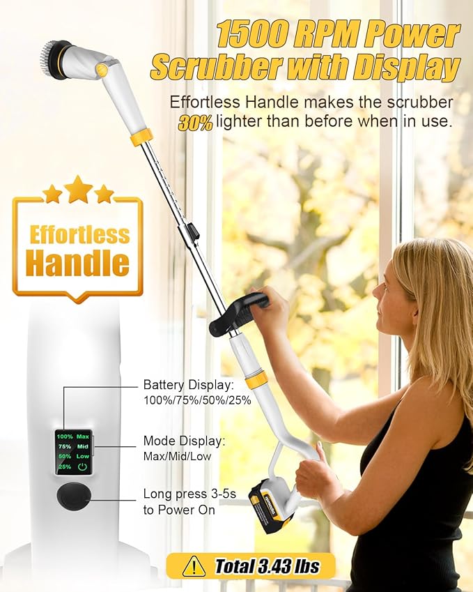 Qimedo Electric Spin Scrubber with Two Batteries Q2 Pro,1500 RPM High Power Electric Scrubber for Cleaning,Shower Cordless Cleaning Brush with Display for Tub/Tile/Floor (Effortless Handle/8 Brushes)