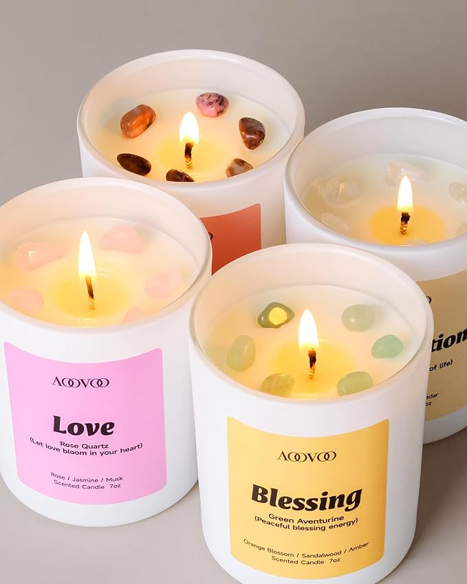 AOOVOO Mom Candles Set for Women - 4 Pack Candles for Home Scented, 28 oz 200h, Aromatherapy Candle with Crystals, Gratitude Rhodonite/Appreciation Clear Quartz/Blessing Aventurine/Love Rose Quartz