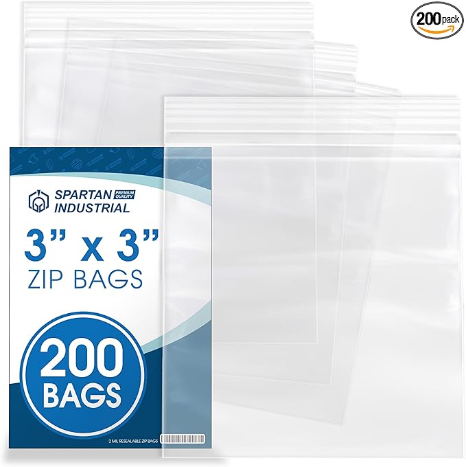 Spartan Industrial - 3” X 3” (200 Count) 2 Mil Clear Reclosable Zip Plastic Poly Bags with Resealable Lock Seal Zipper