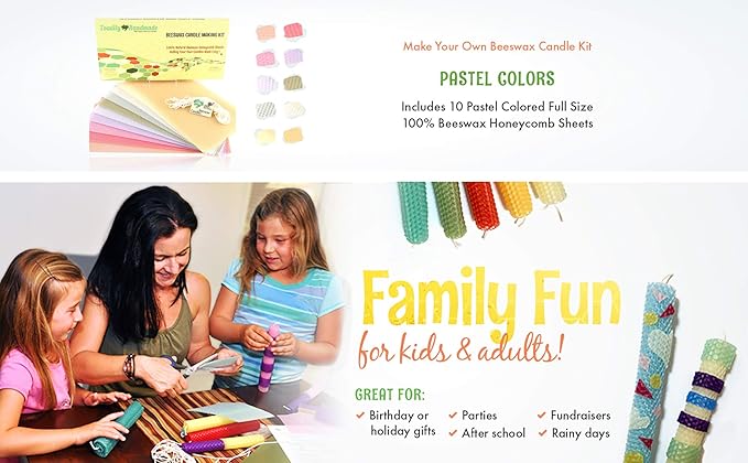 Beeswax Candle Making Kit with 10 Full Size (16" x 8") Honeycomb Beeswax Sheets in Pastel Colors and 18 Feet of Cotton Wick - Candle Making Supplies for DIY Craft Kit Made in USA