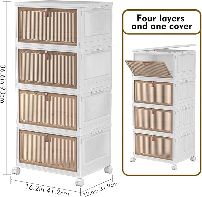 4 Tier Plastic Storage Bins with Lid 28QT - Stackable Storage Containers with Wheels, Folding Storage Boxes, Collapsible Storage Bins, Organizers and Storage