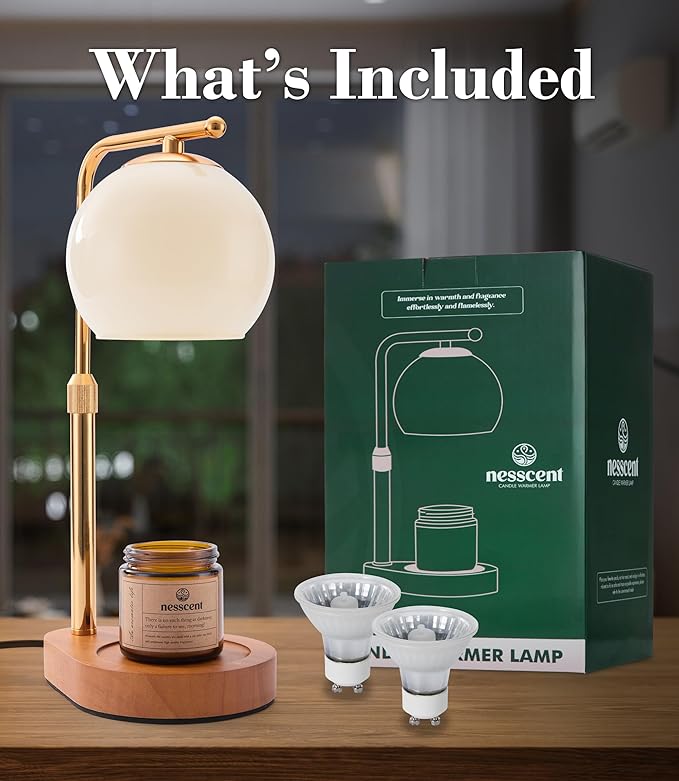Ivory Glass Candle Warmer Lamp Adjustable Height Dimmer 2 4 8 Hour Timer Dark Wood Base Wax Melter Includes Scented Candle and 2 Bulbs for Cozy Bedroom Living Room Home Decor