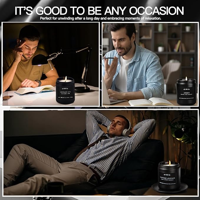 Scented Candles for Men - 42oz Soy Wax Long Lasting Candle, Manly Scented Candles with Leather/Smoke&Vanilla/Oak/Lavender/Orris/Amber-Mens Candle Gift Set for Birthday, Fathers Day, Man Cave Decor
