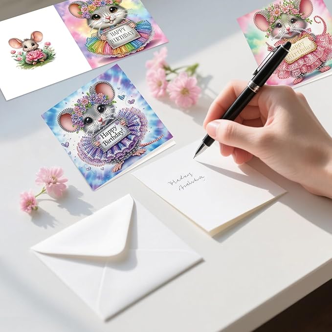 DoxQcs 5D Diamond Art Painting Greeting Cards Kit, DIY Cards for Blessings Congratulations Gifts, Greeting Card Set for Birthday Thanksgiving Day Christmas Halloween-Mouse