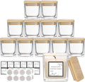 CONNOO 12 Pack 9 OZ Clear Square Candle Jars for Making Candles, Thick Glass Bulk Empty Candle Containers with Airtight Bamboo Lids for Candle Making, Sticky Warning Labels - Dishwasher Safe