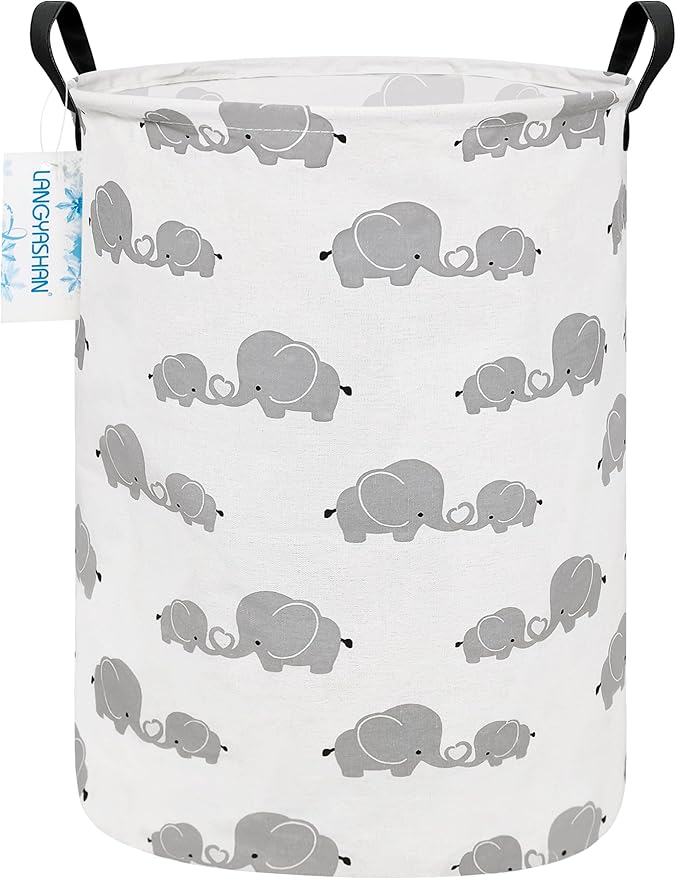 LANGYASHAN Storage Bin, Canvas Fabric Collapsible Organizer Basket for Laundry Hamper,Toy Bins,Gift Baskets, Bedroom, Clothes,Baby Nursery (Full Love Elephant)