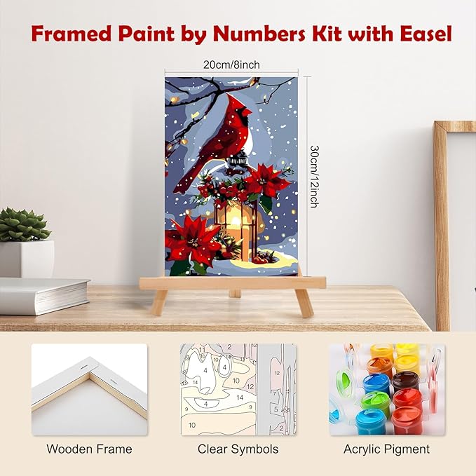 MOGTAA Christmas Paint by Numbers Kit for Adults Beginners with Frame, Christmas Cardinal Adult Paint by Number Kits on Canvas with Easel, Easy DIY Winter Oil Painting Kits for Home Decor, 8x12in