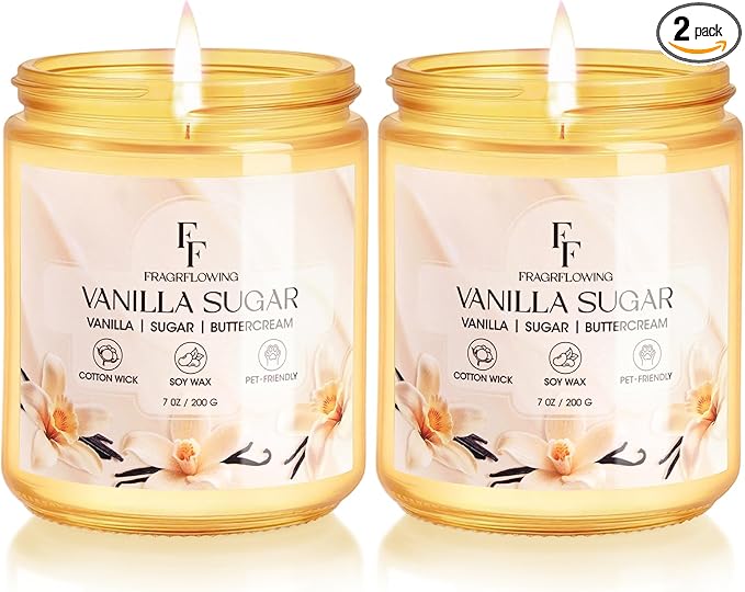Vanilla Sugar Scented Candle, Natural Soy Wax Jar Candle for Home Scented, 100-Hour Burn Time Gifts for Women Men, 7 oz (2 Pack)