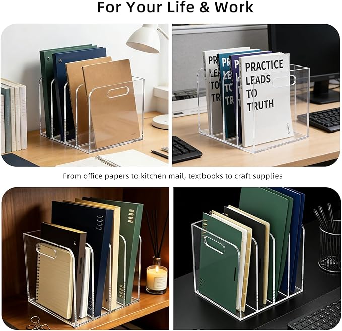 4 Vertical Compartments Clear Acrylic Magazine & File Holder – Multipurpose Desk Organizer for Office, Tablets, Magazines, Books – Documents/Home/Classroom Rack
