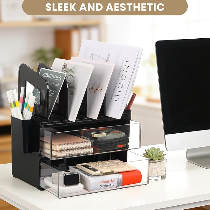 LALOBLUE Black Acrylic Desk Organizer with Drawer & File Holder, Stackable Modular Storage System, Multi-Layer Desktop Organizer, Space Saving Office Desk Organizer for Home & Work
