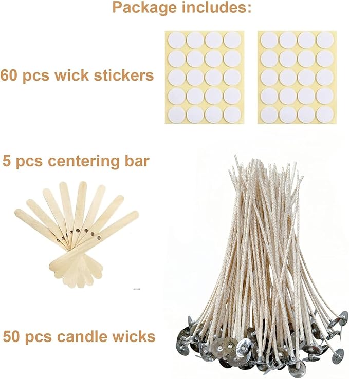 50 pcs 6" Candle Wicks for Candle Making Coated with Natural Soy Wax, Low Smoke Cotton Threads Woven with Paper 60 pcs Candles Wicks Stickers Wicks Centering Device