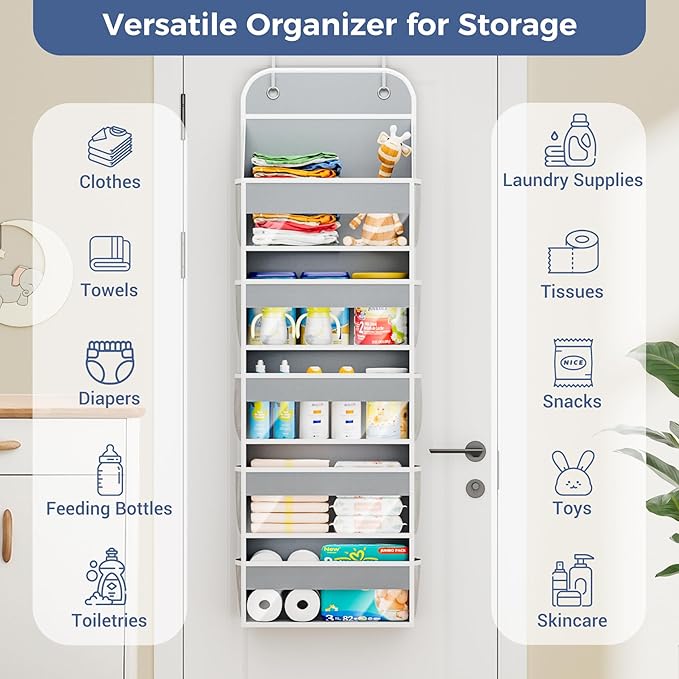 COOLBEBE Over the Door Organizer, 5-Shelf Door Organizer Hanging with10 Side Pockets, 44LB Behind the Door Organizer for Bathroom Bedroom Closet and Baby Essentials (1PC, Grey)