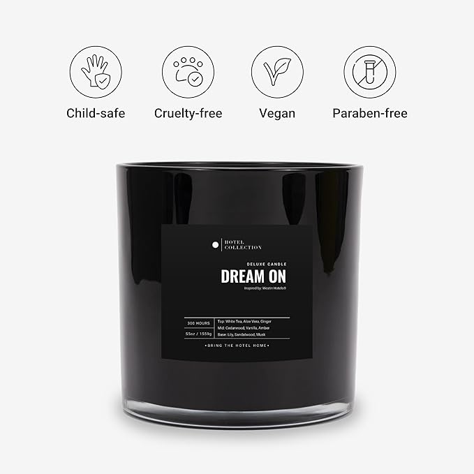 Dream On Deluxe Scented Candle, Luxury Hotel Inspired Big Candle with Hints of Fresh White Tea, Sweet Vanilla, and Earthy Cedar, Long Lasting 300 Hour Burn Time, 55oz Black