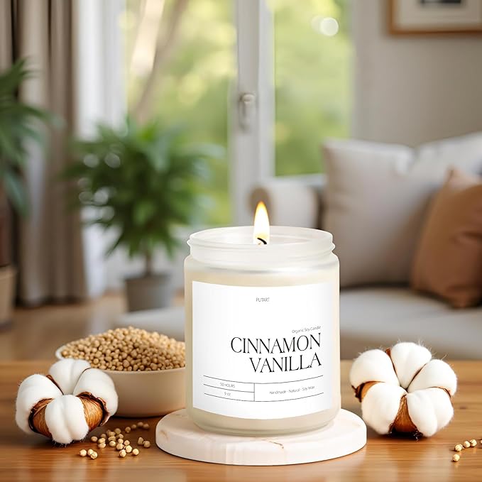 Cinnamon Vanilla Candles for Home Scented, Natural Soy Wax Aromatherapy Non Toxic Heavy Scented Candle with Essential Oil, Home Fragrance Stress Relief Jar Candles Gifts for Women & Men 9oz