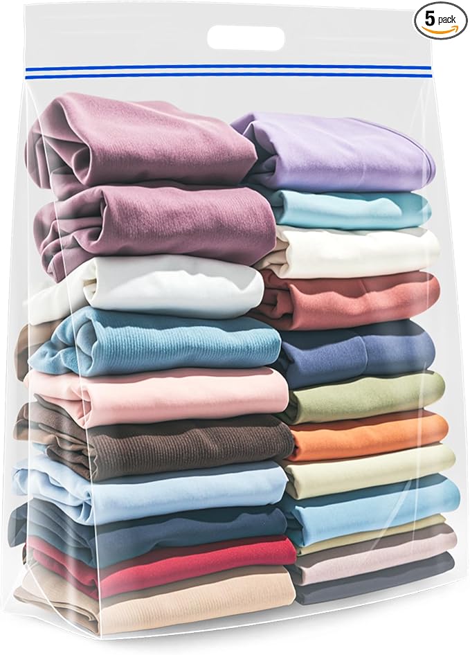 Extra Large 25 Gallon Storage Bags - 35” x 24” with Resealable Zip and Carry Handle, Ideal for Clothes, Pillows, Moving and Travel, Set of 5