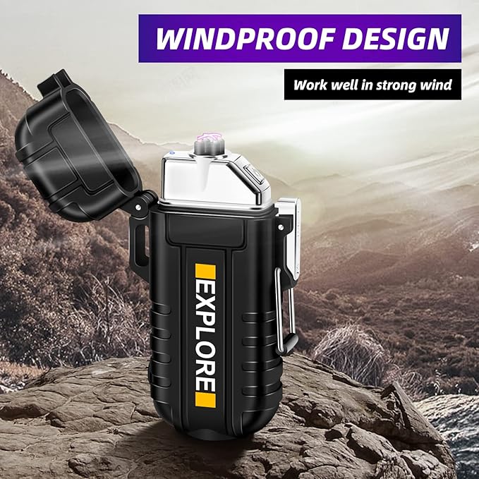 LcFun Waterproof Electric Dual Arc Lighter USB Type C Rechargeable Windproof Flameless Plasma Lighters with Flashlight for Camping, Hiking, Outdoor Survival, Tactical Gear Gifts for Men